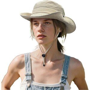 Womens Beige 100% Nylon Wide Brim With Adjustable Chin Strap Classic Bucket Hat